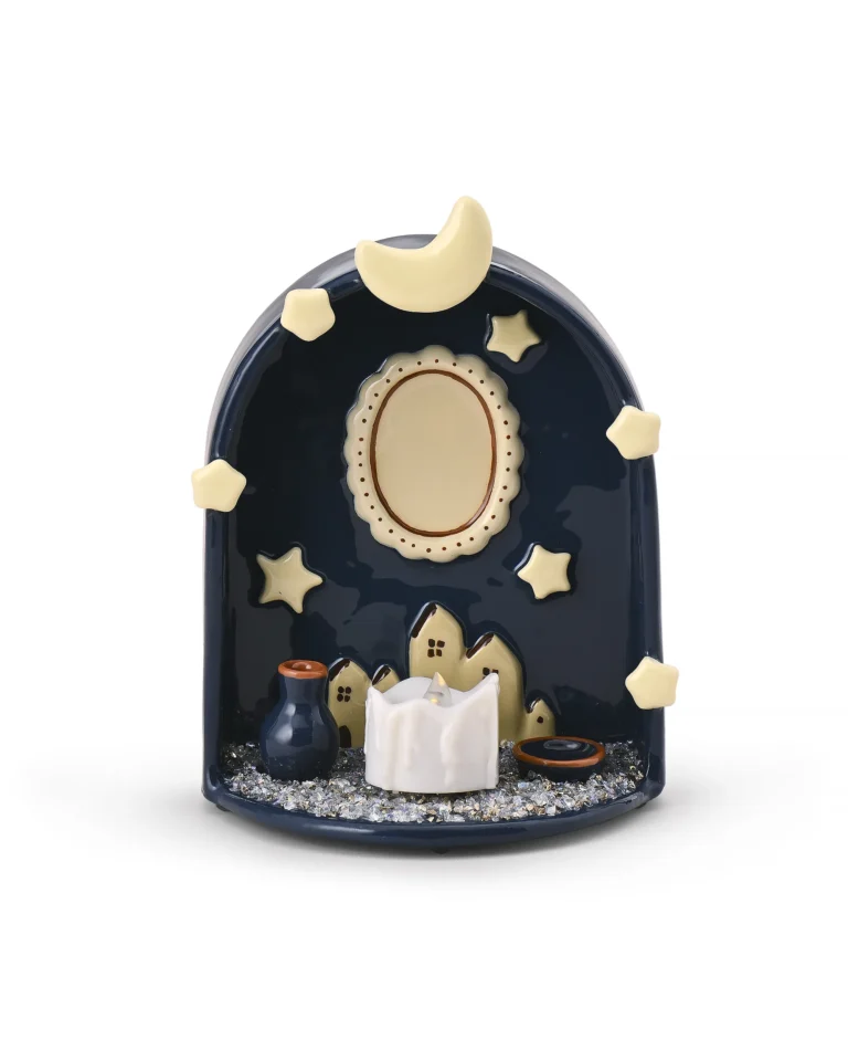 Moon & Stars pet memorial shrine with navy blue arch, crescent moon, oval photo area, and LED candle