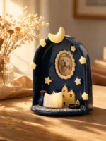 Moon & Stars pet memorial shrine displaying a dog photo and illuminated LED candle on a wooden table