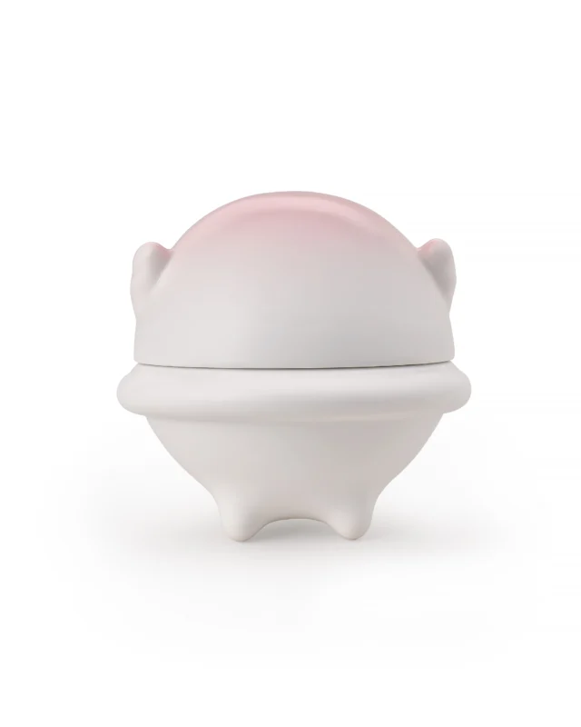 Pink and white ceramic pet urn with a domed animal-shaped cover and short sculpted feet