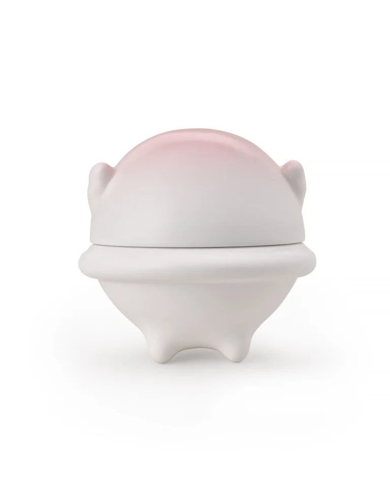 Pink and white ceramic pet urn with a domed animal-shaped cover and short sculpted feet