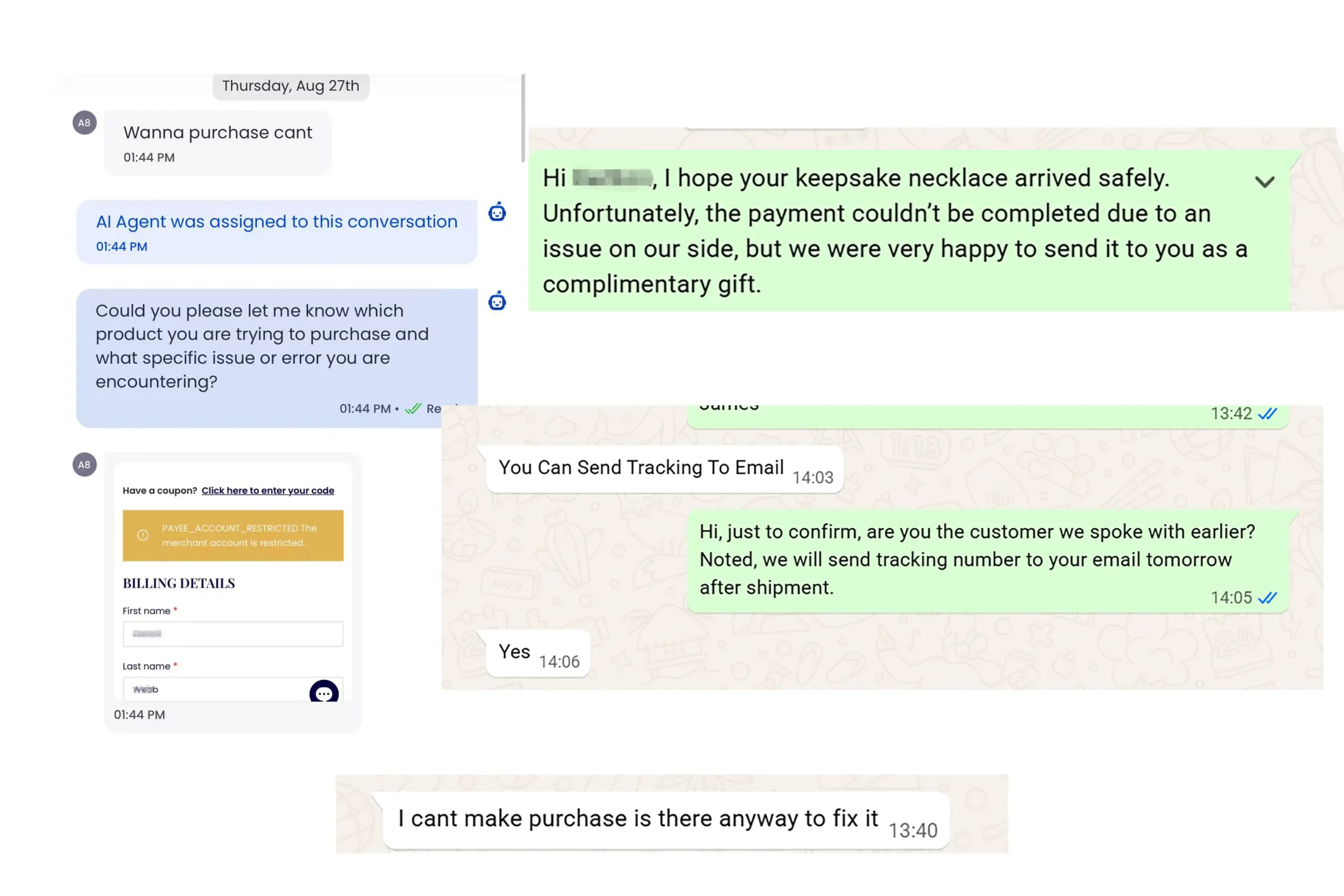 Live chat and WhatsApp messages about a checkout error, a complimentary keepsake necklace, and shipping arrangements