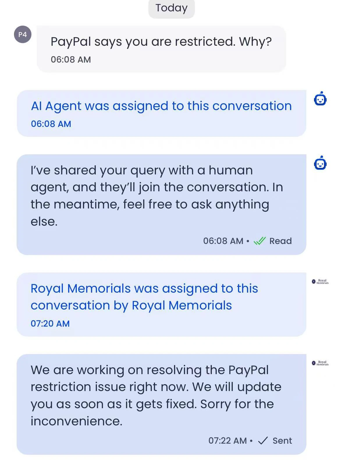 Live chat messages showing a customer reporting a PayPal restriction and Royal Memorials responding