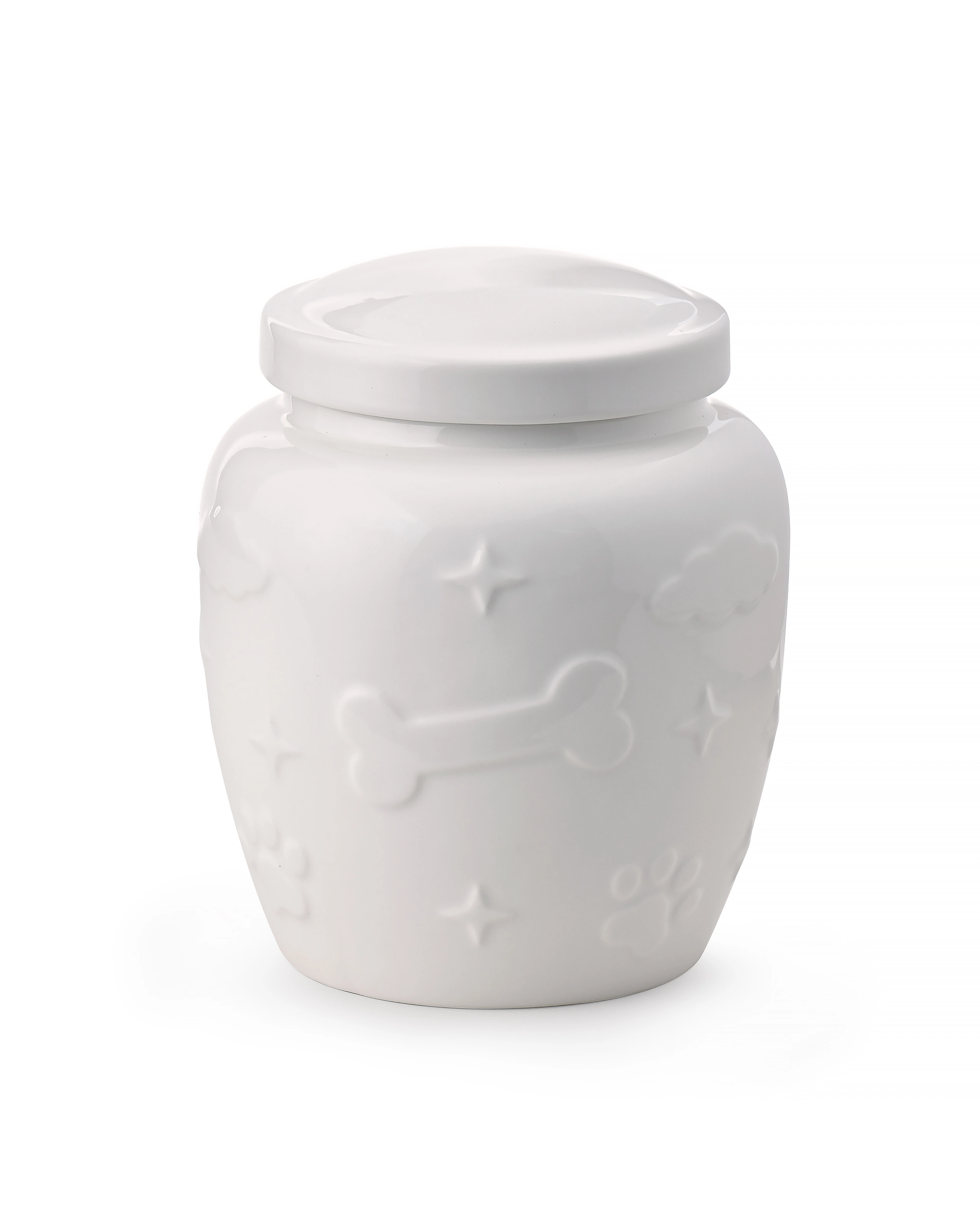 White Ceramic Pet Urn with Paw Prints – Front View White ceramic pet urn with glossy glaze and raised paw prints, bones, clouds, and stars