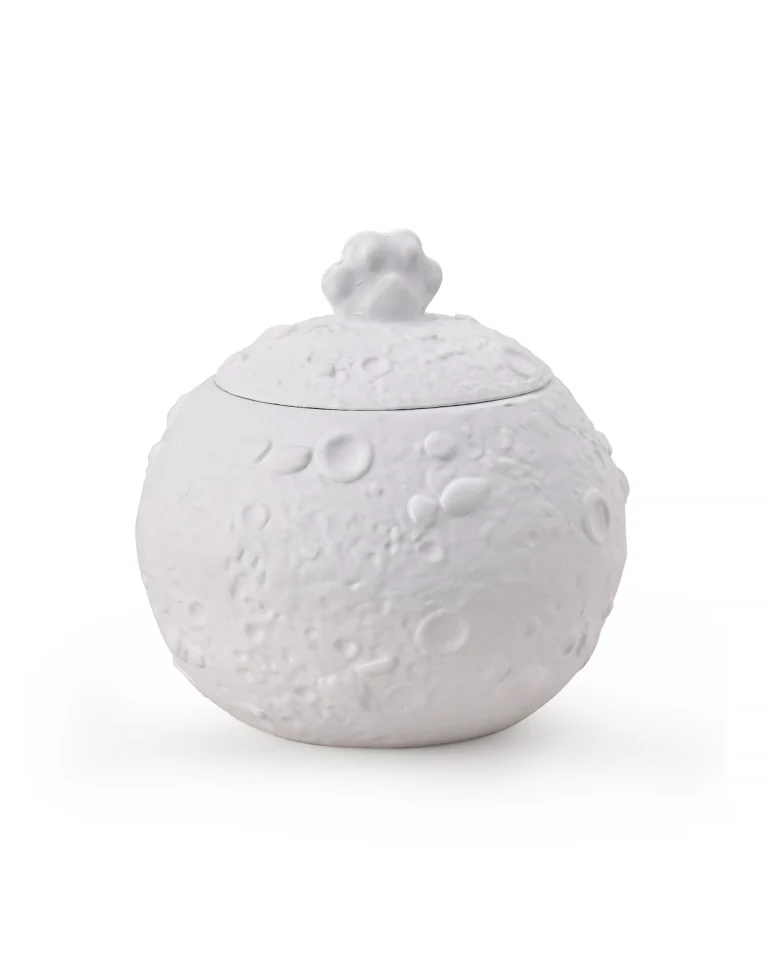Round white ceramic pet urn with moon-like circular surface texture and a paw-shaped handle on the removable dome lid