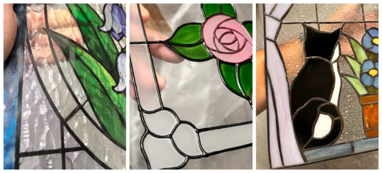 Three decorative glass panel options for cremation urns: digitally printed, hand-painted, and Tiffany-style stained glass